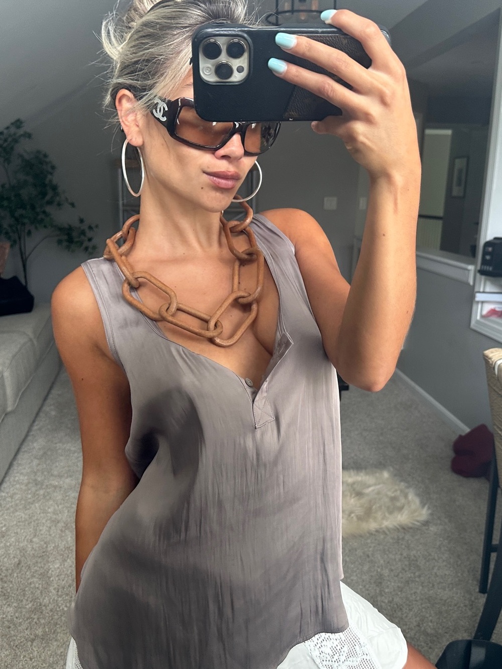 Sleek Taupe Sleeveless V-Neck Silk Top